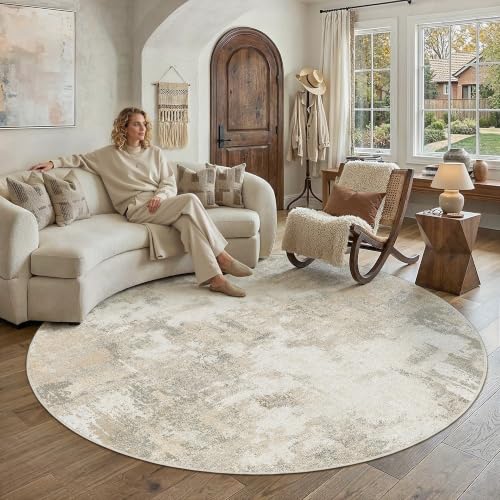 PureCozy Teppich Rund 120cm Beige Abstrakt Moderner Waschbarer Teppiche