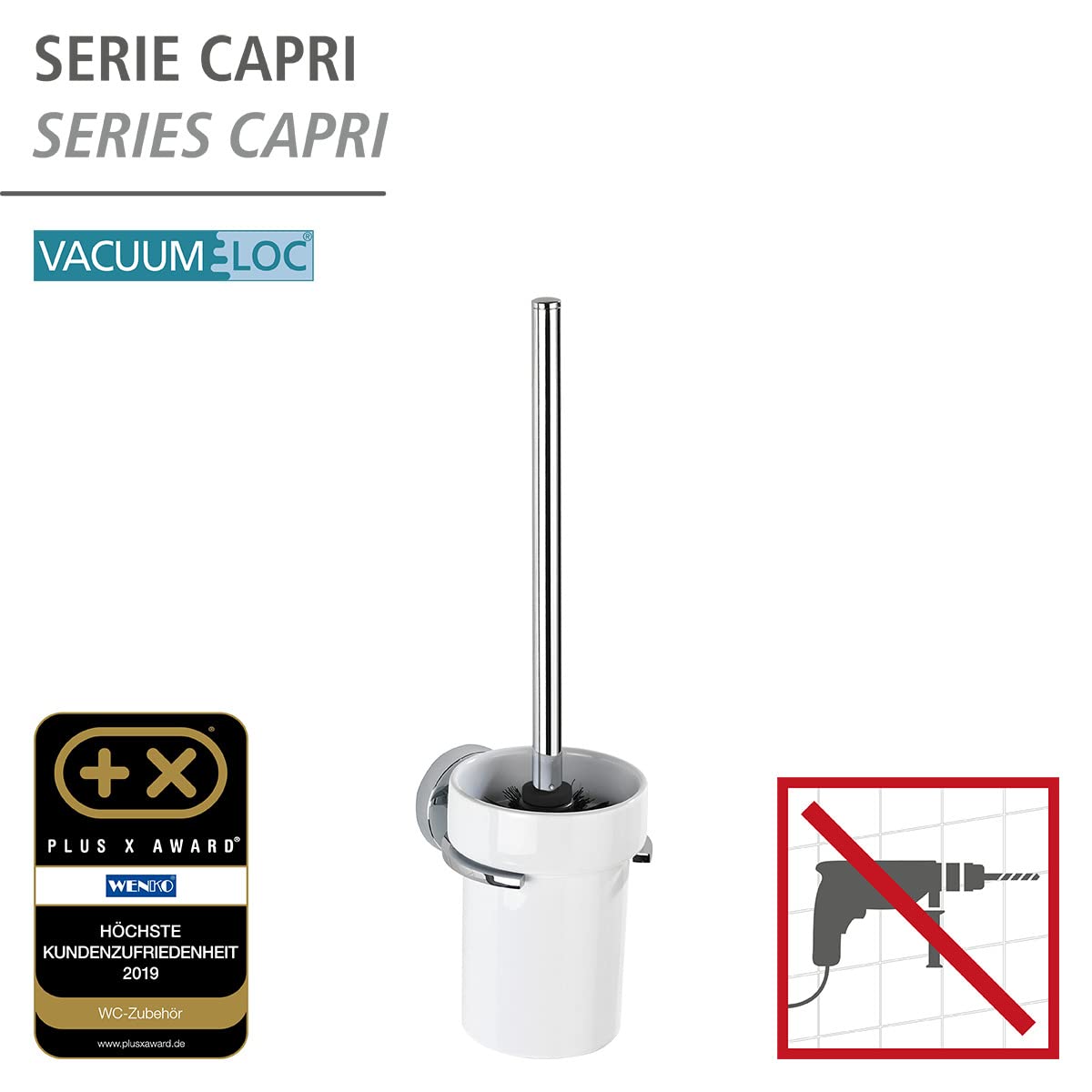 WENKO Vacuum-Loc® zestaw do WC Capri - uchwyt na szczotkę do WC, mocowanie bez wiercenia, cynkowy odlew ciśnieniowy, 11 x 37 x 14,5 cm, chrom