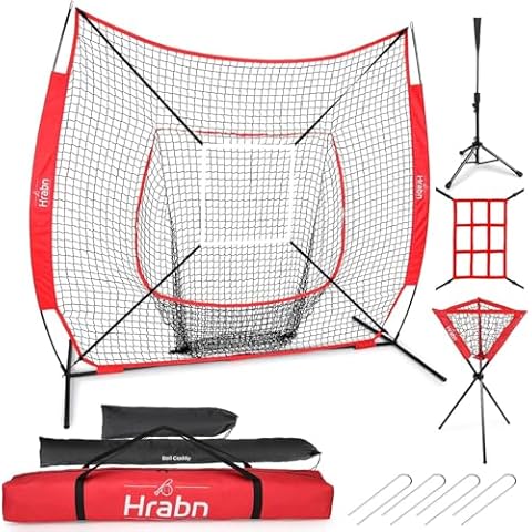7x7' Baseball Net Set & Portable Softball for Hitting and Pitching with Batting Tee Ball Caddy Strike Zone Target and Carry Bag Baseball Training Equipment Cover