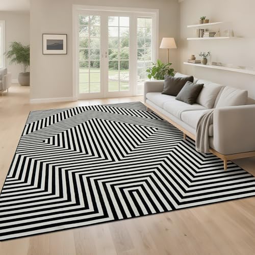 Washable Modern Lines Rug 9x12 Area Rug for Living Room Neutral Modern Geometric Rugs Low Pile Soft Bedroom Carpet Thin Foldable Abstract Floor Carpet