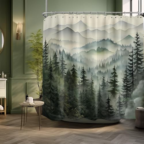 QGHOT Mountain Shower Curtain Green Forest Nature...