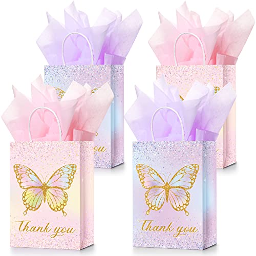 Leinuosen 16 Sets Butterfly Party Favor Bags, Butterfly Gift Bags with Tissue Paper, Pink Purple Floral Goodie Treat Totes for Birthday, Wedding, Baby Shower, Tea Party(Watercolor Style)
