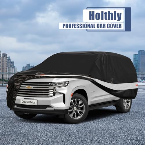 Image of Holhtly Car Cover Custom Fit for Chevrolet Tahoe, Car Covers for Automobiles All Weather Waterproof Sun Snow Rain Wind Dust Protection, Outdoor Car Cover Black & Grey