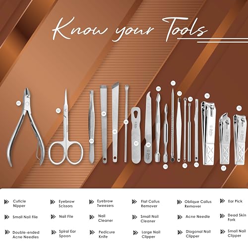 Beauté Secrets Essentials 18 Pieces Manicure Kit, Pedicure Tools for Feet, Nail Clipper, Ear Pick Tweezers, Manicure Pedicure Set for Women and Men (Brown) - Image 2
