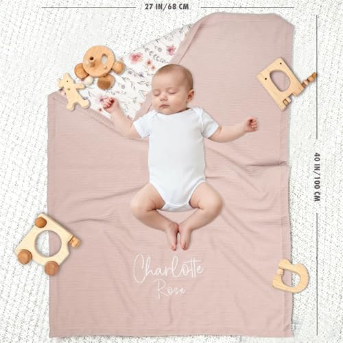 Image of Personalized Baby Blanket with Name - Custom Knit Blanket, 27x40in Floral Embroidered Nursery Blanket for Girls - Customized Baby Blanket, Soft Newborn Gift & Custom Baby Gifts (Baby Pink)