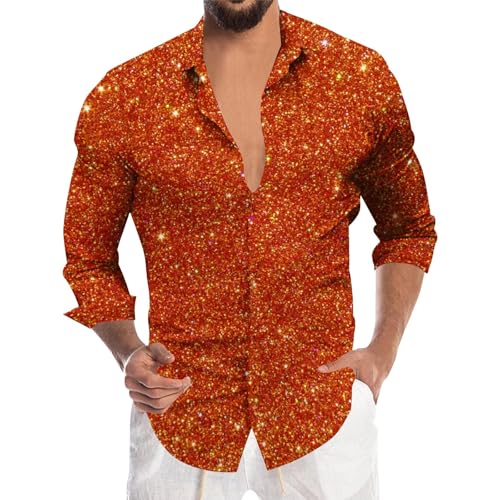 Generisch Camisa con purpurina para hombre, manga larga, con lentejuelas, estampada, discoteca, hippie, fiesta, camisa brillante de los años 70 y 80, disfraz de carnaval, camisa para hombre, camisa de