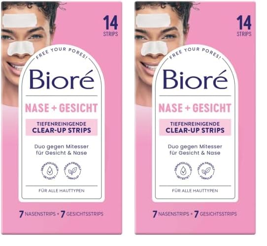Biore Tiefenreinigende Clear-up Strips - 1 x 14 Stück - Gesicht (7 Strips) und Nase (7 Strips) – Entfernen Mitesser und Unreinheiten von Gesicht und Nase - Alle Hauttypen (Packung mit 2)