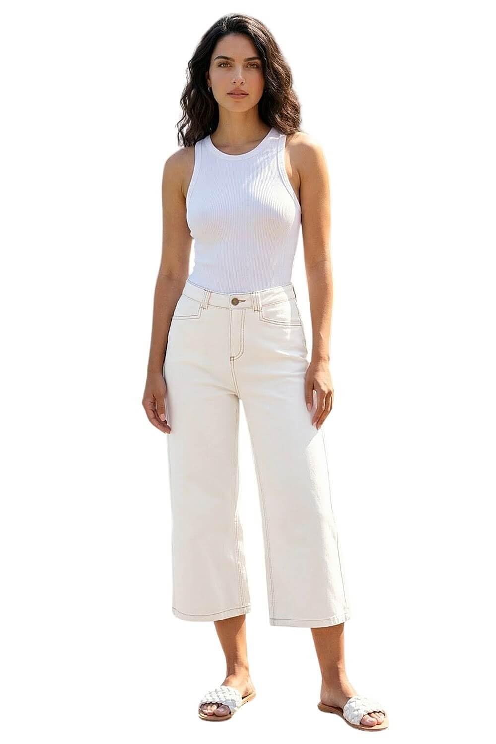 Roman Originials Denim Culottes for Women UK Ladies Cotton Cropped Trouser Wide Leg Jean Stretch Pants Capri 3/4 Length Three Quarter Summer Loose Casual Spring - Ivory - Size 16