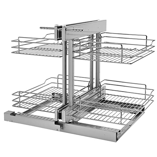 Image of Rev-A-Shelf Chrome Two-Tier Wire Bottom Pullout Organizer with Soft-Close for Blind Corner Base Kitchen Cabinets, Adjustable 4-Basket Storage System, Min Opening Width of 15 inch, 5PSP-15SC-CR