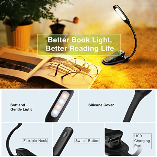 Rechargeable Book Light, TOPELEK LED Reading Light with 3-level Brightness (Cool & Warm), Flexible Easy Clip On Reading Lamp, Eye Protection , Soft Table Light for Night Reading in Bed