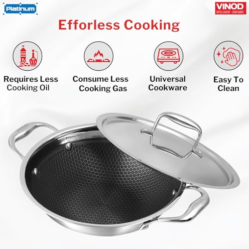 Vinod Platinum SAS Pro Triply Stainless Steel Extra Deep Kadai with Lid, 3.2L, 24cm | Hybrid Non-Stick Hexa Wok | Induction Compatible | Sturdy Handles | Deep Frying & Curry Pan - Silver - Image 4