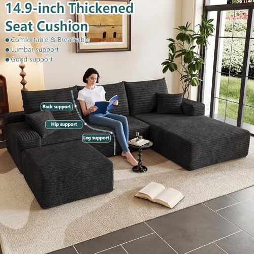 Image of 95 inch U-Shape Cloud Couch, Modern Modular Sectional L-Shape Sofa with Ottoman, Corduroy Upholstered Couches Deep Seat Sleeper Chaise Longue for Living Room, No Assembly Required(Black, Right Facing)