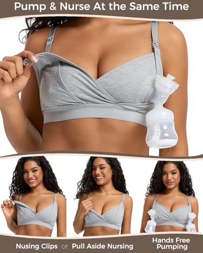 Image of Pumping Bra Hands Free Adjustable V Neck Nursing and Pumping Bra with Nursing Pads Holding Breast Pumps