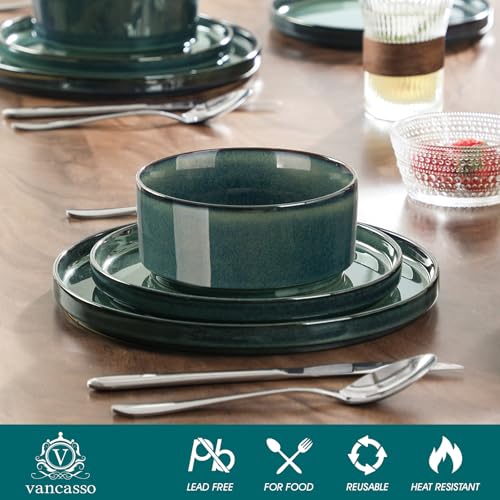 Image of vancasso Starry Plates and Bowls Sets,12 Pieces Green Dinnerware Sets for Kitchen,Modern Stoneware Dishes Set for 4,Dishwasher and Microwave Safe