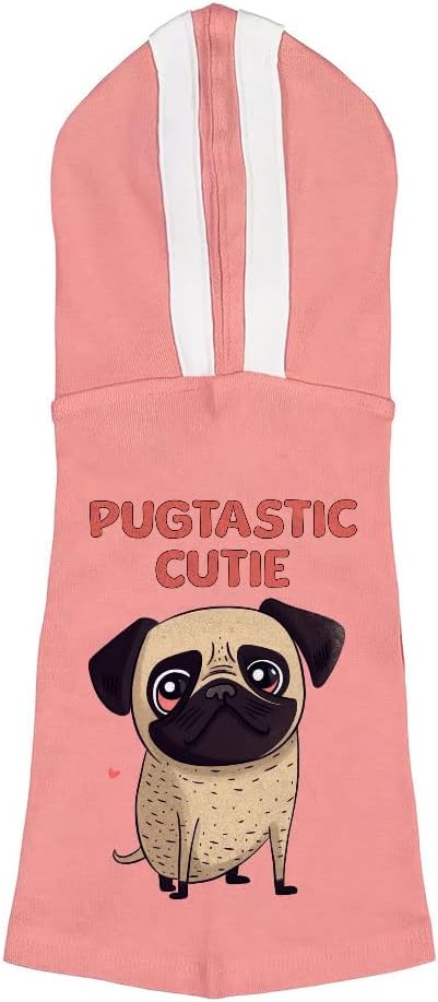 Pugtastic Dog Shirt with Hoodie - Cutie Dog Hoodie - Illustration Dog Clothing - Pink White, XL