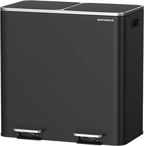 Miniatura 12 de SONGMICS Bote de basura, 2 x 8 galones (2 x 30 L) de doble compartimento con tapa de cierre suave, pedal y cubos interiores, acero inoxidable, Mate