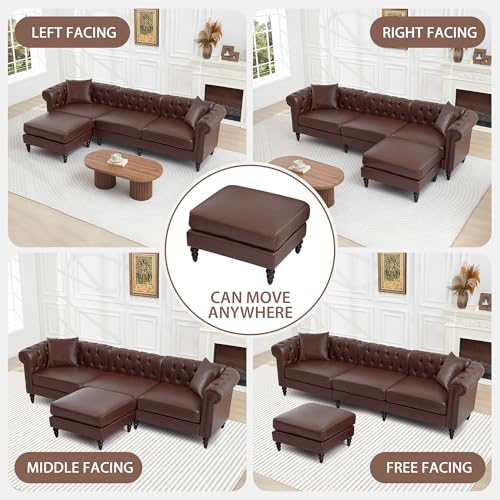 Image of LEVNARY 108 inch L-Shaped Chesterfield Sectional Couch with Movable Ottoman, Upholstered PU Leather 4-Seat Couch with Rolled Arms, Mid-Century Corner Sofa for Living Room Bedroom Office (Dark Brown)