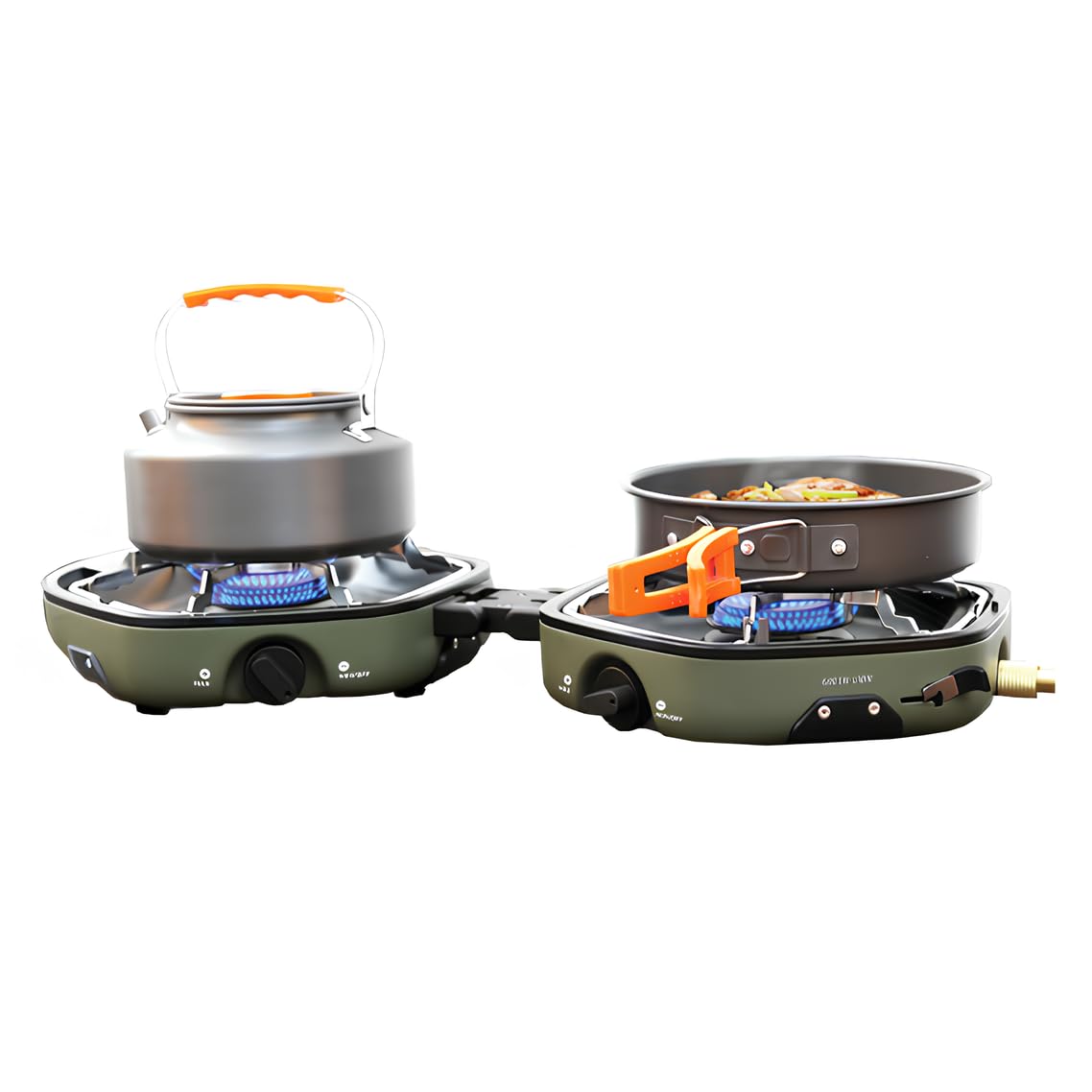Green Lion Twin Flame Foldable Camping Stove, 160 g/h*2 Gas Consumption, Piezoelectric Ignition, Heat Resistant Shell, 5 kg + 5 kg Max Load, Non-Slip Rack, Adjustment Knobs - Green