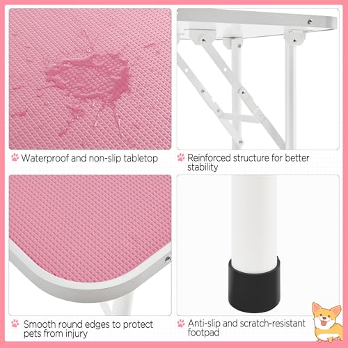 Yaheetech 32'' Foldable Dog Grooming Table Pet Dog Cat Drying Beauty Table with Adjustable Folding Fixed Arm Folding Legs Maximum Capacity 100KG Pink - Image 5