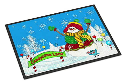Caroline's Treasures PJC1075MAT Candy Cane Lane Snowman Doormat 18x27 Front Door Mat Indoor Outdoor Rugs for Entryway, Non Slip Washable Low Pile, 18H X 27W