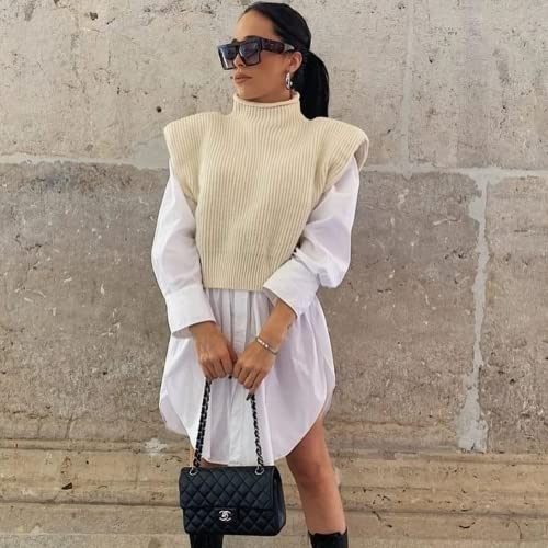 Shoulder Pad Sweater Ribbed Knit Sweater Top Women's Basic Sleeveless Turtleneck Sweater Vest Ribbed Knit Solid Color Fashion Shoulder Pad Knitted Top Tank Pullovers 0460 (Apricot,L) #TOP3