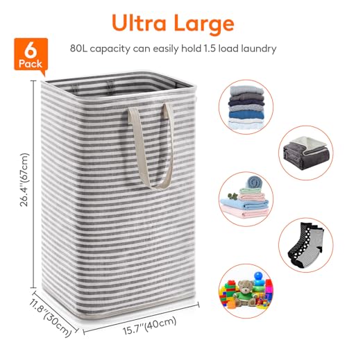 Image of Lifewit 6 Pack Laundry Basket 80L Each, Collapsible Clothes Hamper with Reinforced Handles, Freestanding Waterproof Design for Bedroom and Laundry Room, Black 480L Total