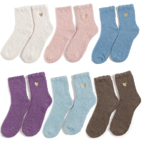 6 Pairs Heart Fuzzy Socks Cozy Winter Warm Socks Thick Fluffy Slipper Socks for Women Teen Girls