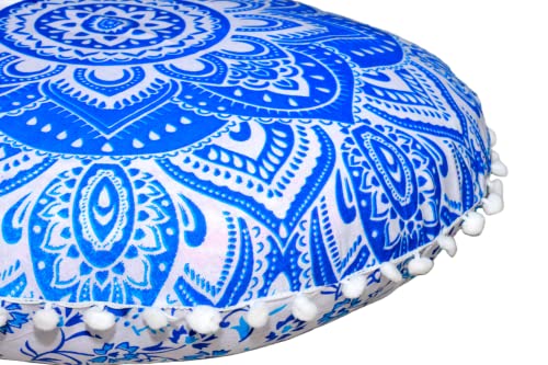 Craft Kala 22" Mandala Meditation Floor Pillows Pouf Round Seating Adults Bohemian Mandala Circle Cotton Floor Cushion Cover Outdoor Fireplace Seating Living Room Yoga Room Home Décor (Blue Flower) #TOP29