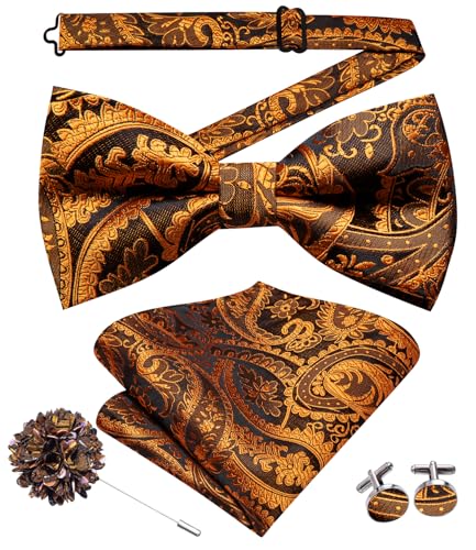 Image of Hi-Tie Bow Tie Men Pre Tied Bowtie Pocket Square Cufflinks Lapel Pin Formal Wedding Bow Ties for Men Party Tuxedo Bowtie Set,Black Orange Paisely Floral