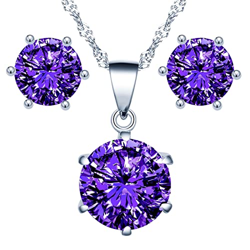 Yumilok Collier zircon et Boucles d'oreilles zircon pour femmes et filles, Bijoux parures de diamant en argent 925, Collier solitaire à six griffes, Clous...