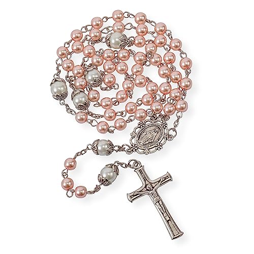 Nazareth Store Pearl Beads Rosary Necklace White Our Father Beaded Rosary Lourdes Medal & Cross Crucifix Spiritual Handmade Rosaries for Men and Women - Image 2