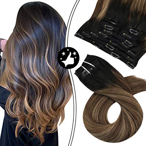 Moresoo 24 Inch Balayage Human Hair Extensions Clip in #1B Off Black #4 Dark Brown Mixed #14 Darkest Blonde Ombre Clip in Hair Extensions 100g Seamless Hair 7pcs Double Weft Hair Extensions