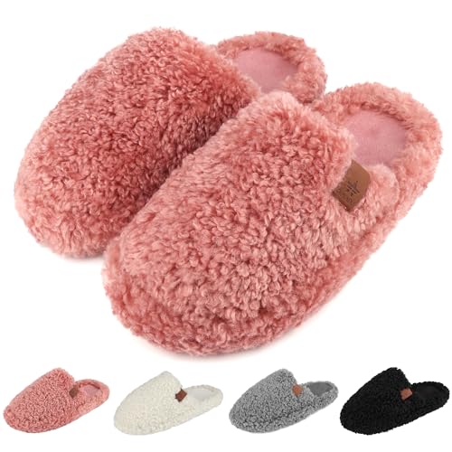 Image of Womens Fuzzy Slippers Wide Width Ladies Arch Support Memory Foam Slippers Warm Comfy faux fur Slip On Indoor House Shoes
