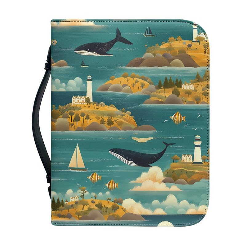 Kuiaobaty Ocean Whale Book Cover Case with Handle, Island Seascape Print Vegan PU Leather Tote Book Holder Organizer for Ladies Girls,2XL — image 1