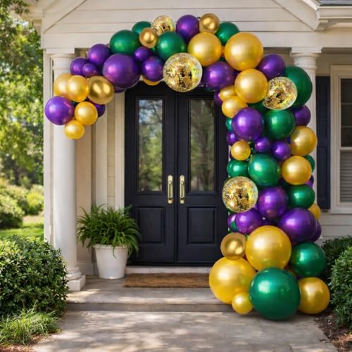 GIFTEXPRESS Mardi Gras Balloon Arch Kit 167pcs (150 Balloons) Purple Green Gold Balloon Garland with Confetti DIY Arch Decor Strip & Tools for Fat Tuesday Carnival Party Decorations