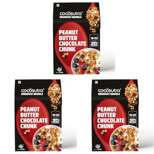 Image of Cocosutra Peanut Butter Chocolate Chunk Breakfast Granola - 300 g | Made with natural ingredients | High Protein Cereal with Oats, Nuts, Seeds & Dry Fruits | Lightly sweetened with Jaggery (Pack of 3)