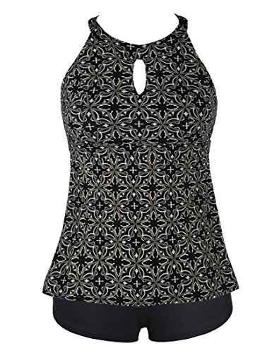 Septangle Women Tankini Set Cut Out Front Cross Back Two Piece Swimsuit with Boyshort (Black&Floral Print, US 20)