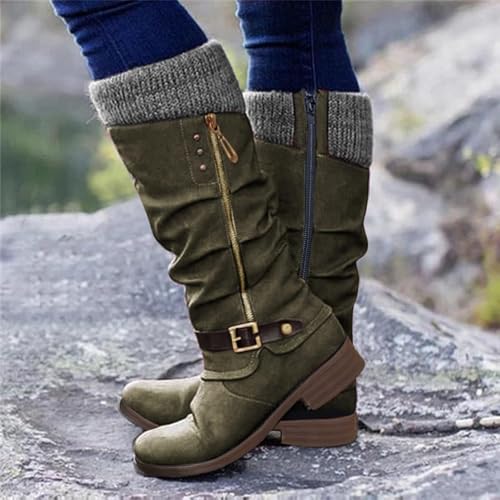 Knee High Boots for Women Wide Calf,Mid Calf Sweater Knitted Ruched Cuff Snow Boots Fashion Side Zipper Vintage Winter Booties Low Heel Motorcycle Riding Round Toe Comfortable Tall Boot3