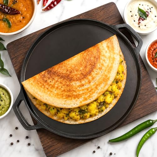 Image of Cast Iron Dosa Tawa with Dual Grip Handles | Pre-Seasoned Non-Stick Iron Tawa for Dosa /Chilla /Roti | Heavy Duty Non-Toxic Cookware | Gas Stove & Induction Compatible | Black, 30cm, 2.2kg