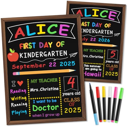 First & Last Day of School Board, 10.5 x 14 Inch Double Sided Back to School Chalkboard with Frame, Reusable Wooden 1st Day of Preschool/Kindergarten Sign for Kids/Girls/Boys