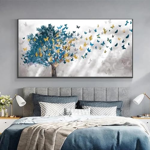 Peinture à l'huile abstraite arbre bleu papillon art mural