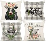 Spring Gray Buffalo Plaids Farmhouse Animals Pillow Covers Dairy Cow Sheep Pig Chicken with Flower F