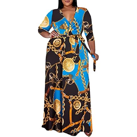 MAYFASEY Women's Plus Size Ruched Wrap V Neck Loose Plain Casual Party Maxi Dresses 3 4 Sleeve Empire Waist Long Dress with Belt Light Blue XL Cover