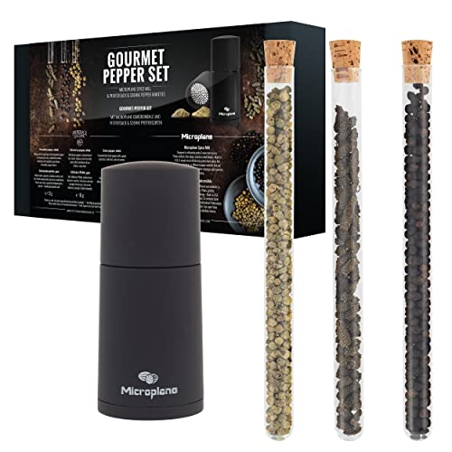 Microplane Gewürzmühle im Set mit Tellicherry Pfeffer, Grüner Pfeffer & Schokoladenpfeffer