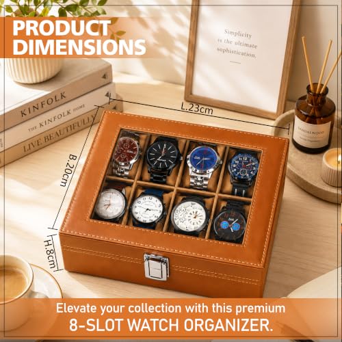 Image of LEDO Watch Box Holder Organizer Case in 8 slots of Watches with Transparent Look Tan & Cream color Velvet