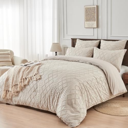 YASMENG Housse de Couette 240x260 Bohème Beige Tuftée Parure de Lit Bohème Style Géométrique Grille Carrée Linge de Lit 2 Personne Adulte avec Fermeture...