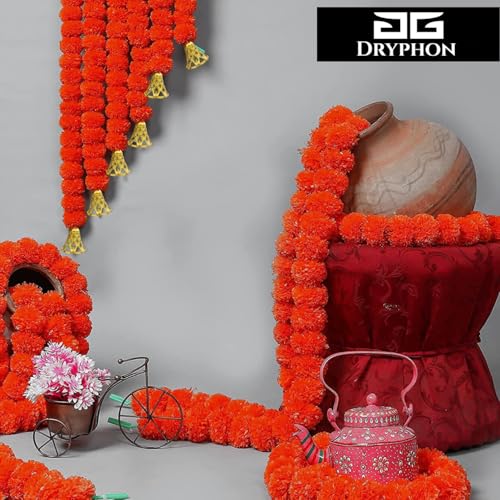 Image of Marigold Garlands Decoration with Bell, Artificial Flowers for Decorations Hanging Garlands for Home Decorations, Ganpati Decoration /Diwali Decoration for Home Decor- (Orange, Pack of 10)