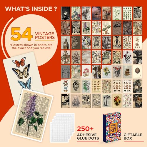 Image of CodersParadise Premium Vintage Aesthetic Wall Collage Kit - 54 Luxury 4x6 Inch Cardstock Art Prints with Adhesive Glue Dots for Elegant Room Decor