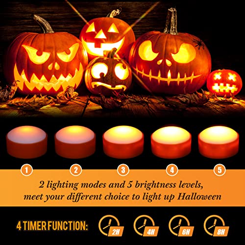 Image of Riakrum 6 Pieces Halloween Remote Timer LED Lights with Remote Summer Halloween LED Pumpkin Lights Battery Operated Lantern Bright Flameless Candle(Orange, White)