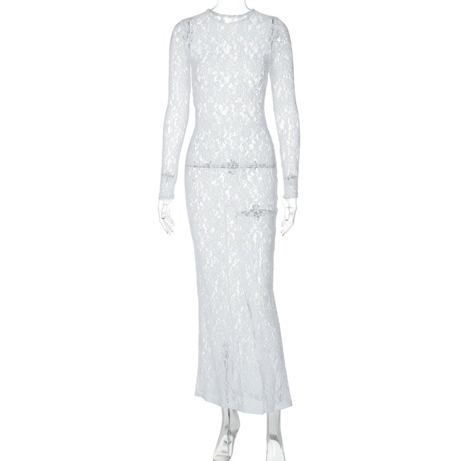 Vestito Donna Abito Lungo Aderente Trasparente con Motivo in Pizzo Svasato Primavera Estate da Donna-Nero-s